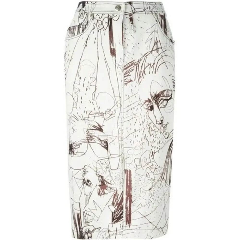 Vintage John Galliano Skirt Denim Pencil Sketches Printed Kendall Jenner Owned